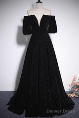 Black V-Neckline Velvet Off Shoulder Party Dress, A-Line Black Prom Dress Evening Dress