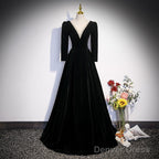 Black Velvet A Line Prom Dress Elegant V Neck Evening Dress