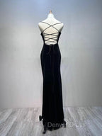 Black Velvet A-line Straps Wedding Party Dresses, Black Long Evening Dresses Prom Dresses