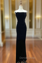 Black Velvet A Line Straps Wedding Prom Dress, Black Long Prom Dress