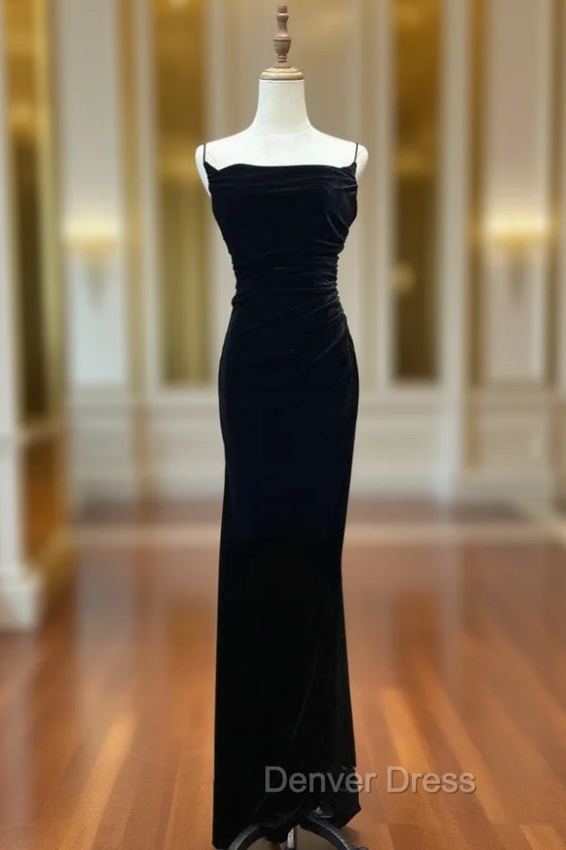 Black Velvet A Line Straps Wedding Prom Dress, Black Long Prom Dress