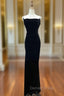 Black Velvet A Line Straps Wedding Prom Dress, Black Long Prom Dress
