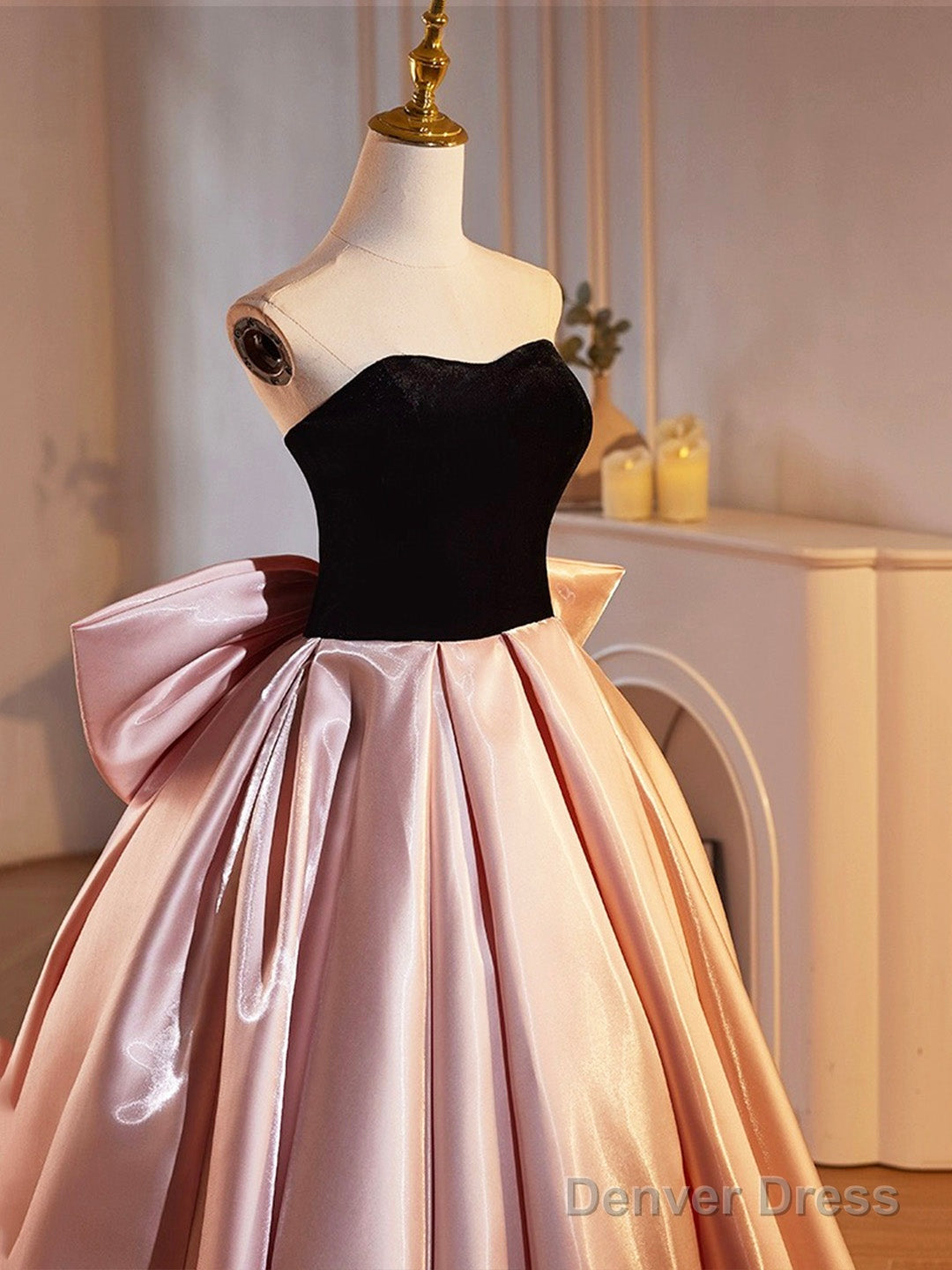 Black Velvet And Pink Satin Floor Length Prom Dress, Beautiful A-Line Strapless Party Dress Secondary image