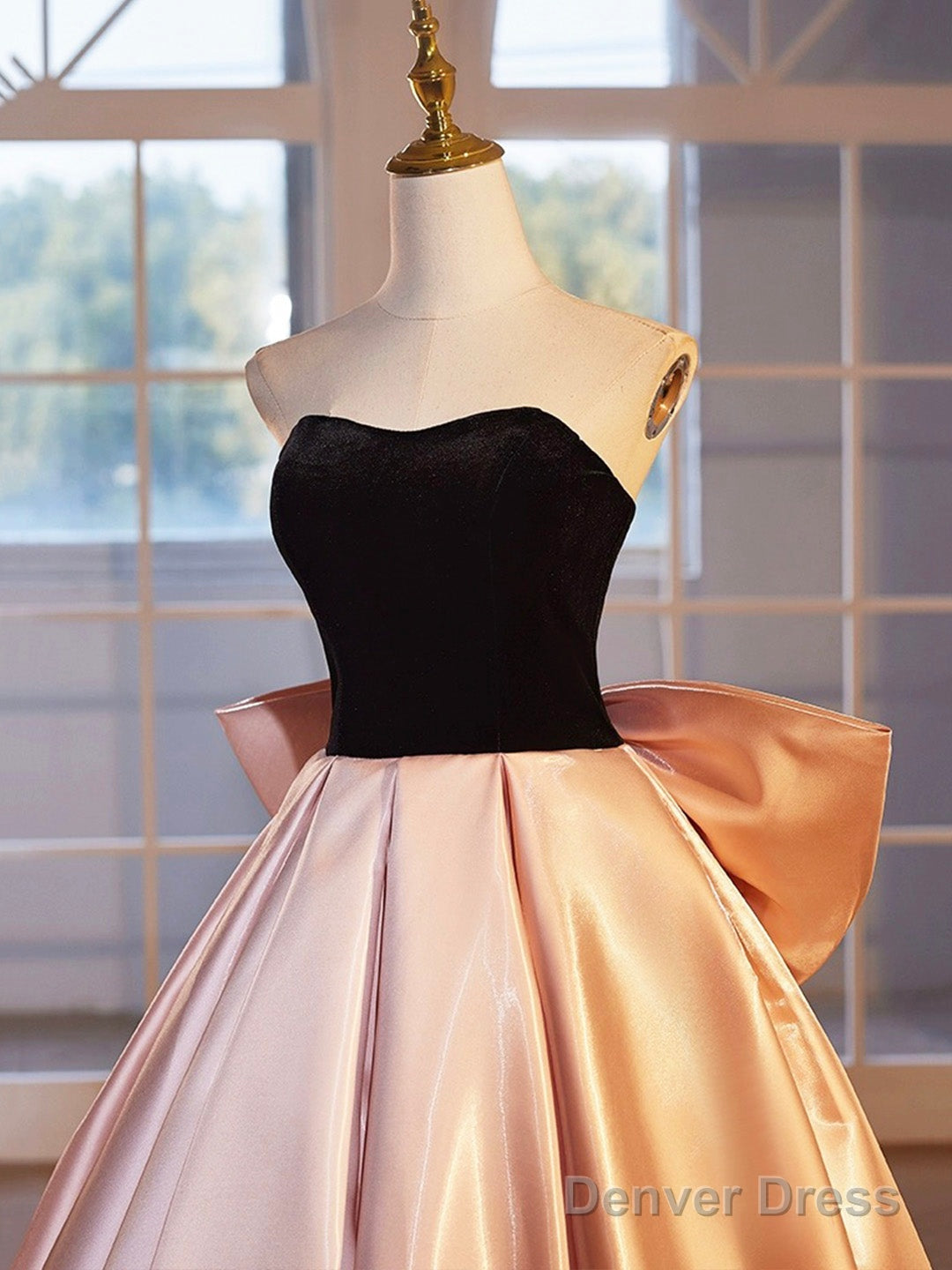 Black Velvet And Pink Satin Floor Length Prom Dress, Beautiful A-Line Strapless Party Dress