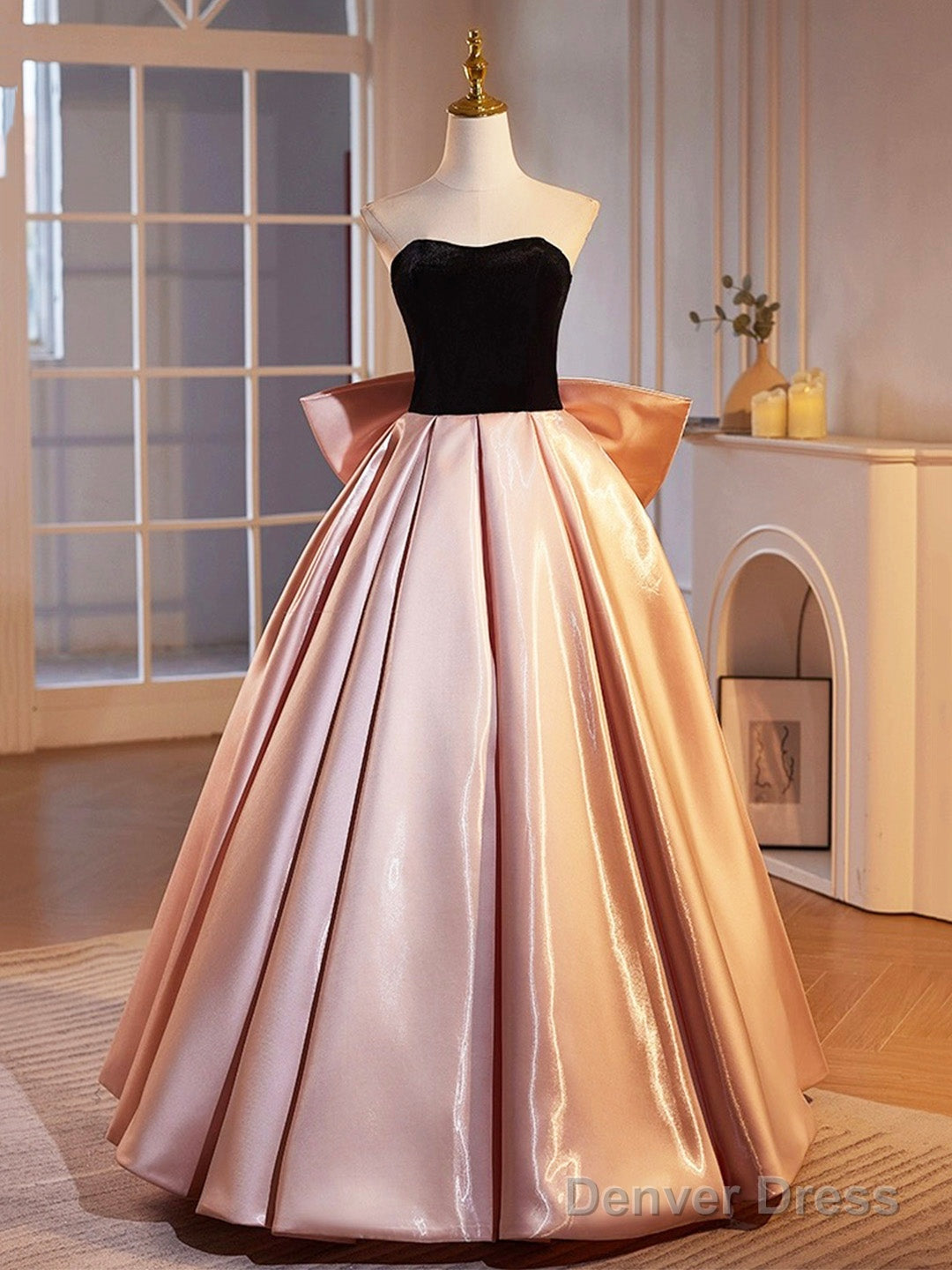 Black Velvet And Pink Satin Floor Length Prom Dress, Beautiful A-Line Strapless Party Dress Main image