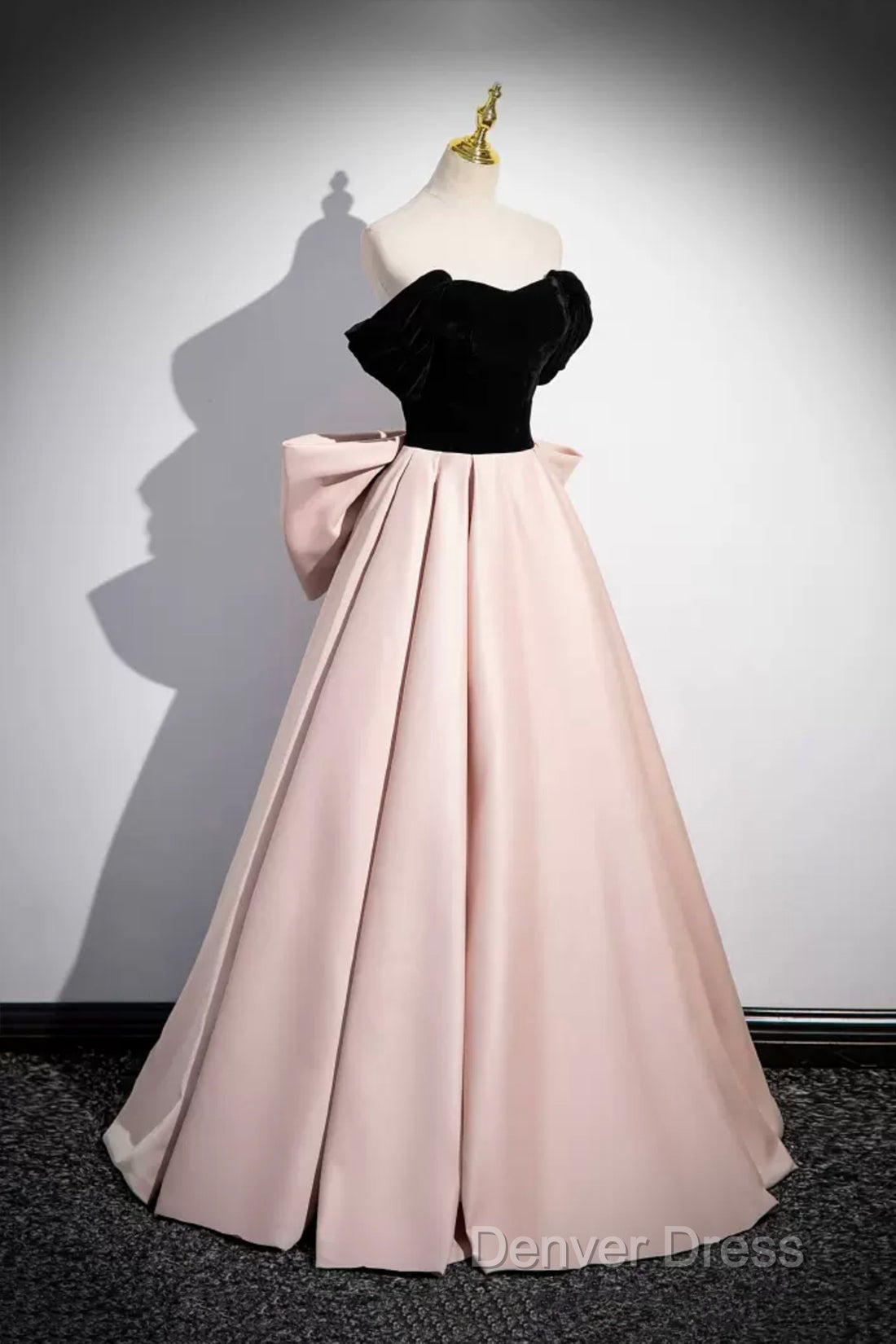 Black Velvet And Pink Satin Long Prom Dresses, Beautiful A-Line Evening Party Dresses With Bow Secondary image