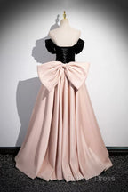 Black Velvet And Pink Satin Long Prom Dresses, Beautiful A-Line Evening Party Dresses With Bow