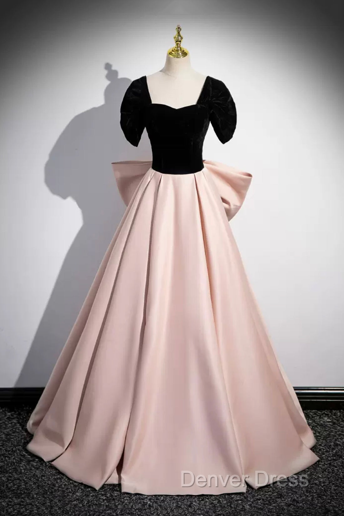 Black Velvet And Pink Satin Long Prom Dresses, Beautiful A-Line Evening Party Dresses With Bow