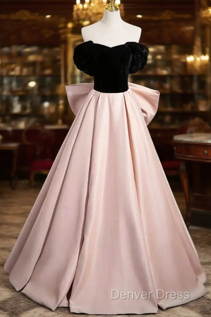 Black Velvet And Pink Satin Long Prom Dresses, Beautiful A-Line Evening Party Dresses With Bow