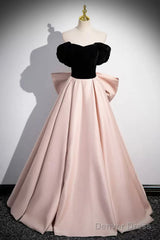Black Velvet And Pink Satin Long Prom Dress, Beautiful A-Line Evening Party Dress With Bow