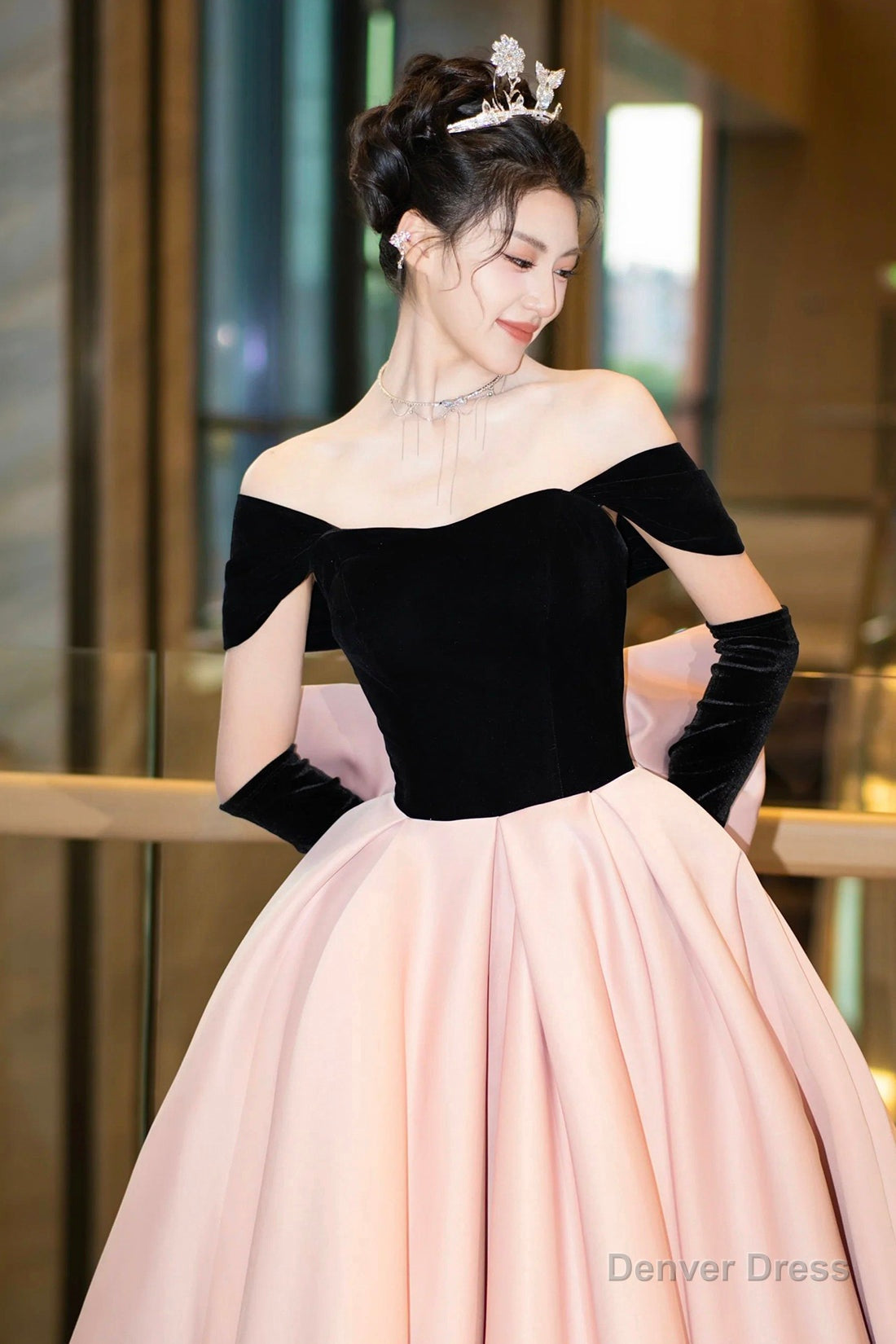 Black Velvet and Pink Satin Long Prom Dress, Off the Shoulder Prom Dresses