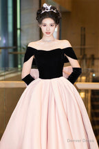 Black Velvet and Pink Satin Long Prom Dress, Off the Shoulder Prom Dresses