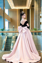 Black Velvet and Pink Satin Long Prom Dress, Off the Shoulder Prom Dresses