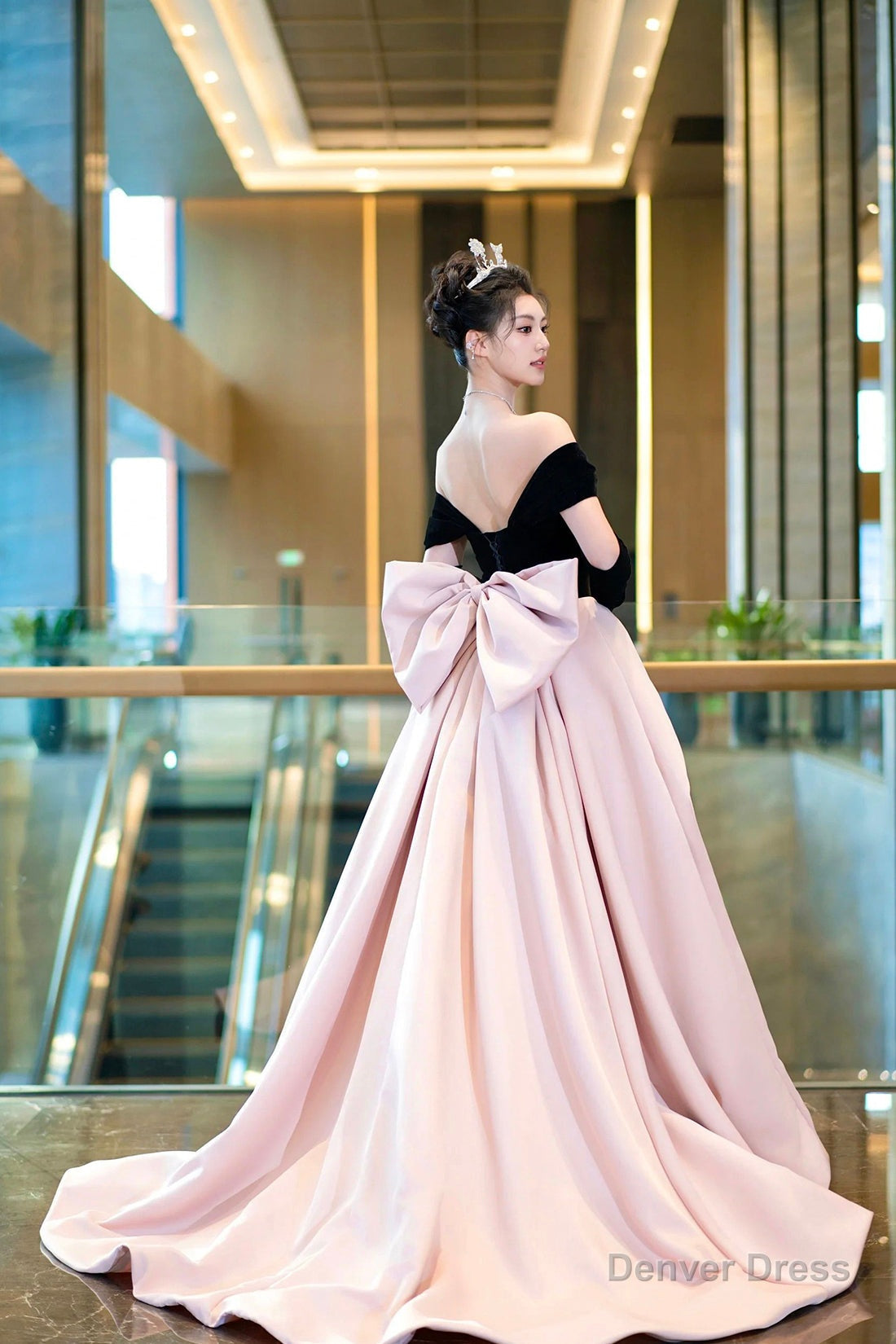 Black Velvet and Pink Satin Long Prom Dress, Off the Shoulder Prom Dresses