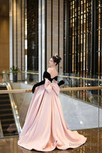 Black Velvet and Pink Satin Long Prom Dress, Off the Shoulder Prom Dresses