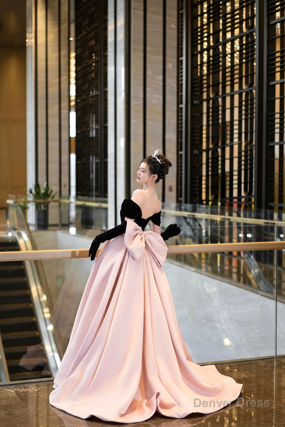 Black Velvet and Pink Satin Long Prom Dress, Off the Shoulder Prom Dresses