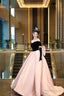 Black Velvet and Pink Satin Long Prom Dress, Off the Shoulder Prom Dresses