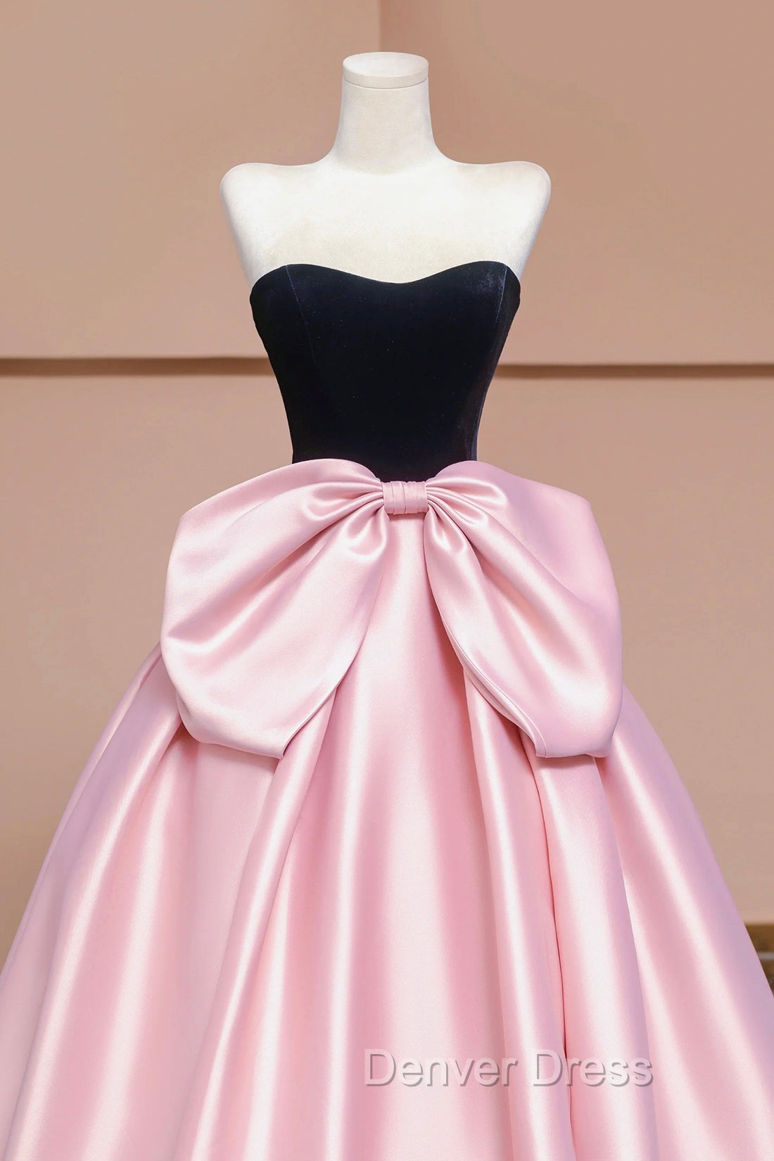 Black Velvet and Pink Satin Long Prom Dress with Bow, Beautiful A Line Strapless Prom Dresses