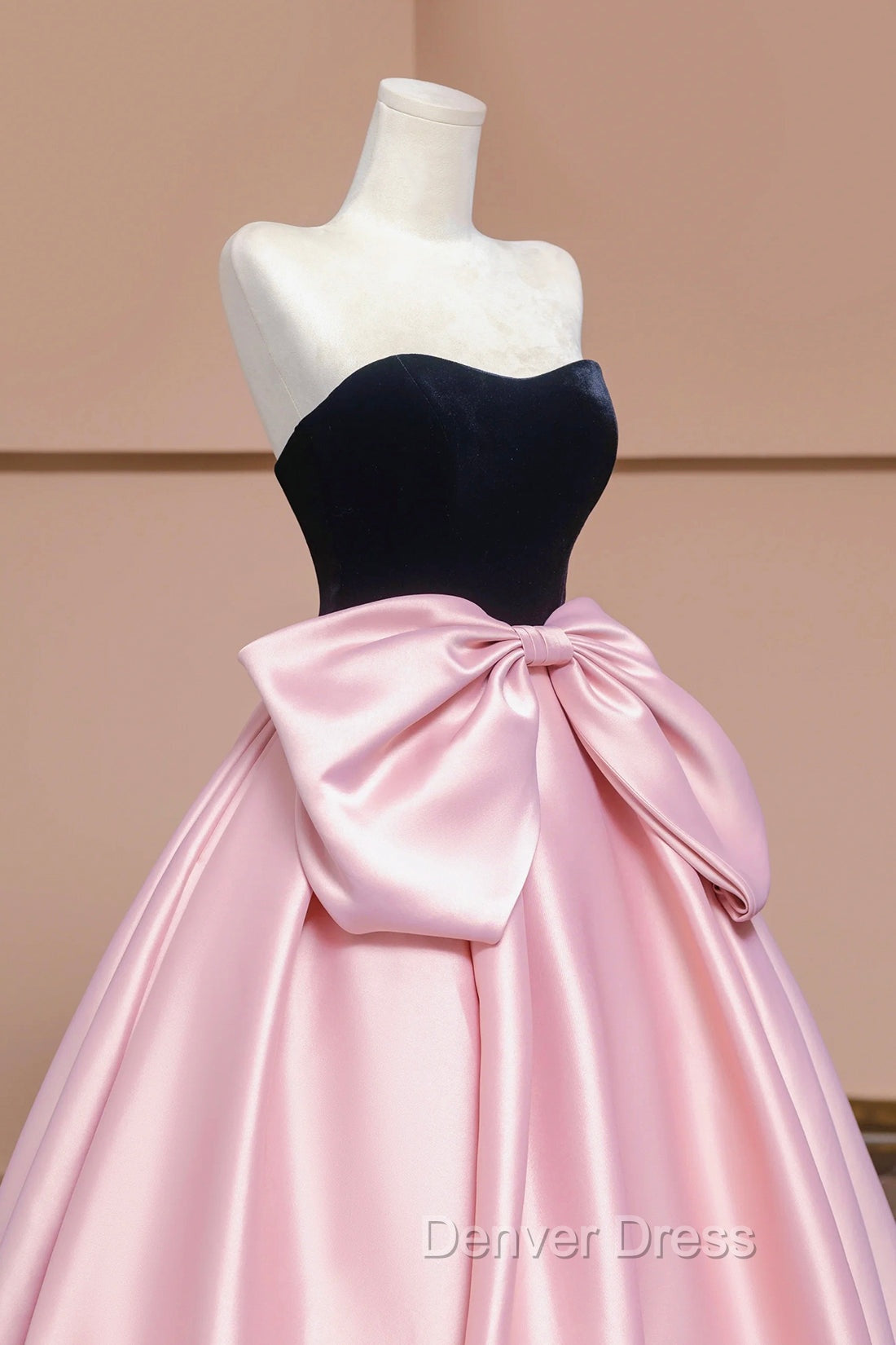 Black Velvet and Pink Satin Long Prom Dress with Bow, Beautiful A Line Strapless Prom Dresses