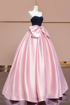 Black Velvet and Pink Satin Long Prom Dress with Bow, Beautiful A Line Strapless Prom Dresses