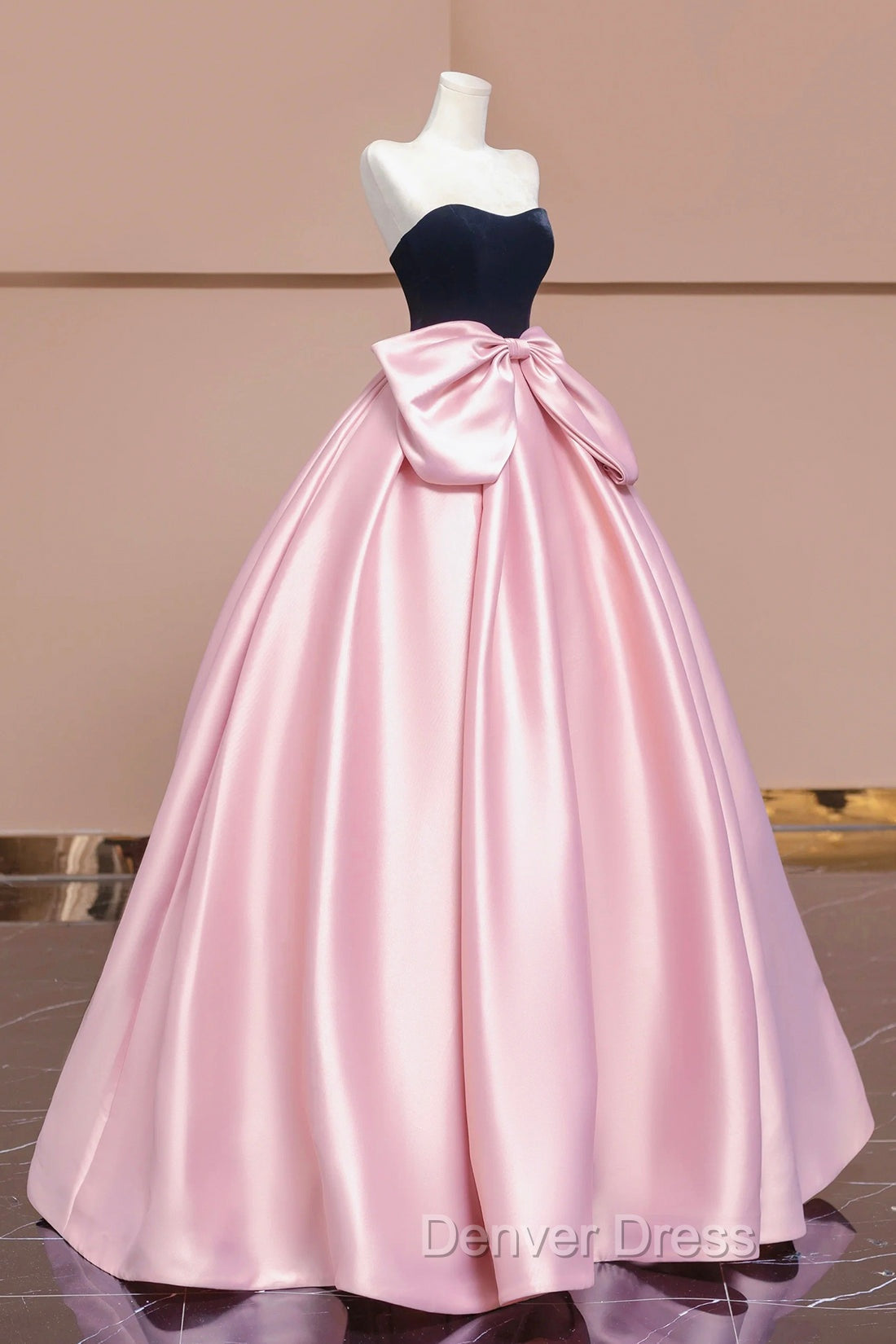 Black Velvet and Pink Satin Long Prom Dress with Bow, Beautiful A Line Strapless Prom Dresses