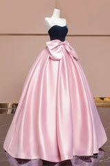 Black Velvet and Pink Satin Long Prom Dress with Bow, Beautiful A-Line Strapless Formal Party Dress