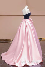 Black Velvet and Pink Satin Long Prom Dress with Bow, Beautiful A Line Strapless Prom Dresses