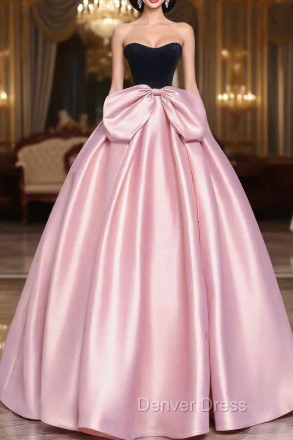 Black Velvet and Pink Satin Long Prom Dresses with Bow, Beautiful A-Line Strapless Formal Party Dresses Main image