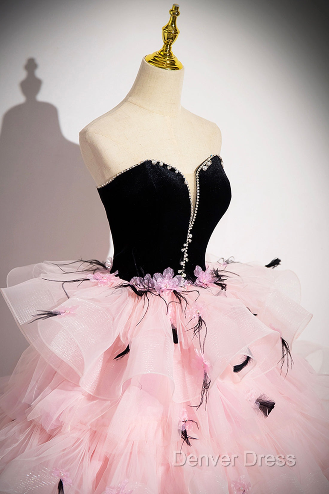 Black Velvet And Pink Tulle Strapless Ball Gowns, Pink Backless Ruffles Prom Dresses