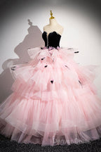 Black Velvet And Pink Tulle Strapless Ball Gowns, Pink Backless Ruffles Prom Dresses