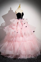 Black Velvet And Pink Tulle Strapless Ball Gown, Pink Backless Ruffles Formal Evening Dresses