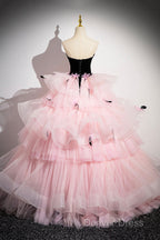 Black Velvet And Pink Tulle Strapless Ball Gown, Pink Backless Ruffles Formal Evening Dresses