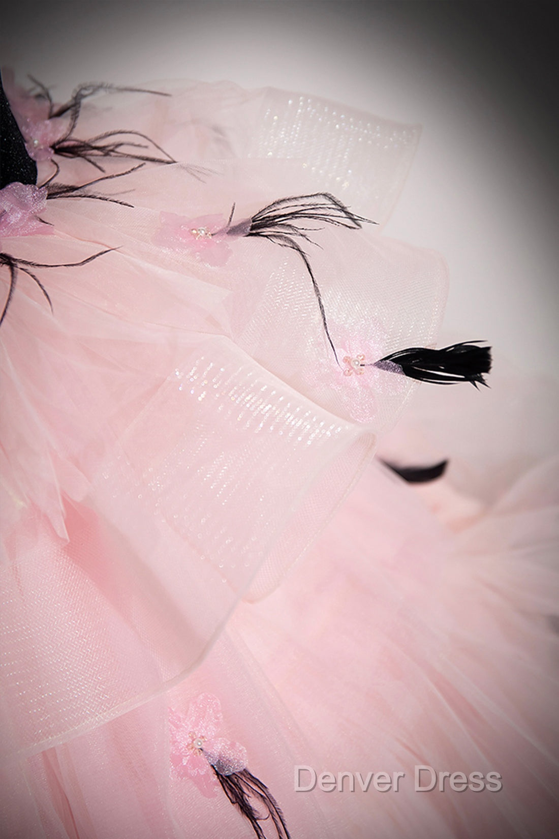 Black Velvet And Pink Tulle Strapless Ball Gown, Pink Backless Ruffles Formal Evening Dresses