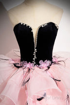 Black Velvet And Pink Tulle Strapless Ball Gown, Pink Backless Ruffles Formal Evening Dresses