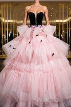 Black Velvet And Pink Tulle Strapless Ball Gown, Pink Backless Ruffles Formal Evening Dresses