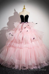 Black Velvet And Pink Tulle Strapless Ball Gown, Pink Backless Ruffles Formal Evening Dress