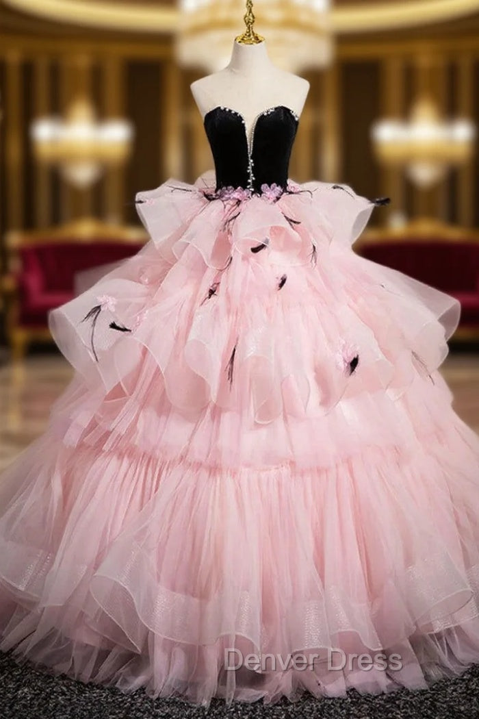 Black Velvet and Pink Tulle Strapless Prom Dresses