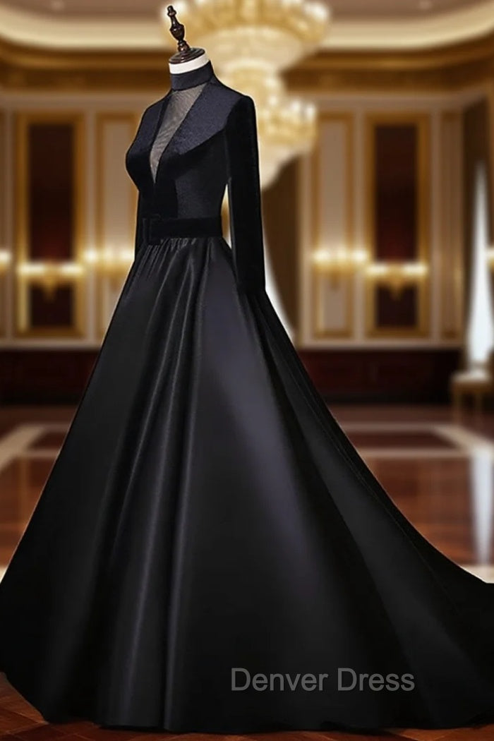 Black Velvet and Satin Long Sleeves See Through Back Formal Dresses, Black Evening Dresses Main image