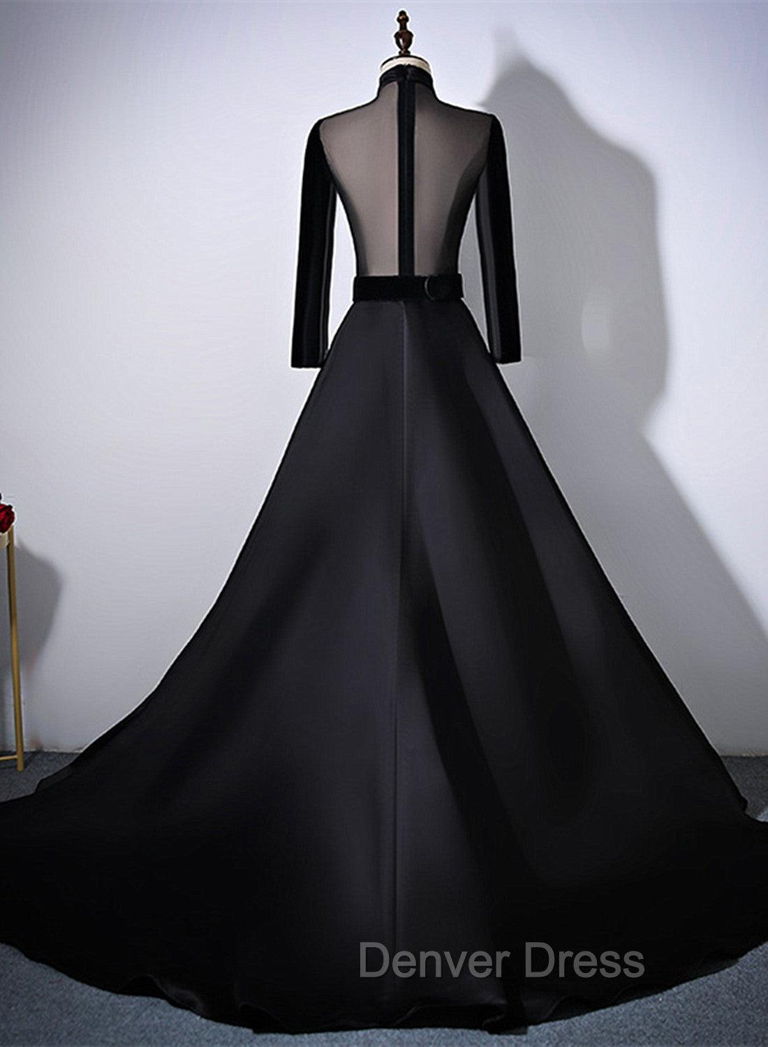 Black Velvet and Satin Long Sleeves See Through Back Formal Dresses, Black Evening Dresses