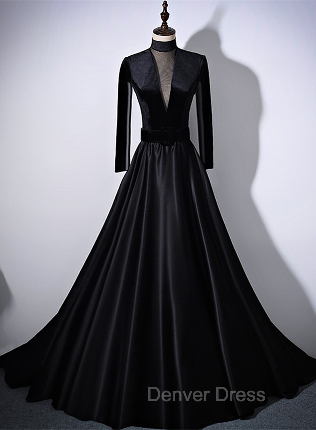 Black Velvet and Satin Long Sleeves See Through Back Formal Dresses, Black Evening Dresses Secondary image