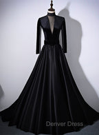 Black Velvet and Satin Long Sleeves See Through Back Formal Dresses, Black Evening Dresses