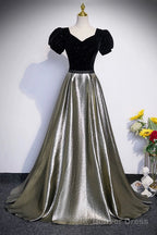 Black Velvet And Shiny Satin Long Prom Dress, Beautiful A-Line Evening Party Dress