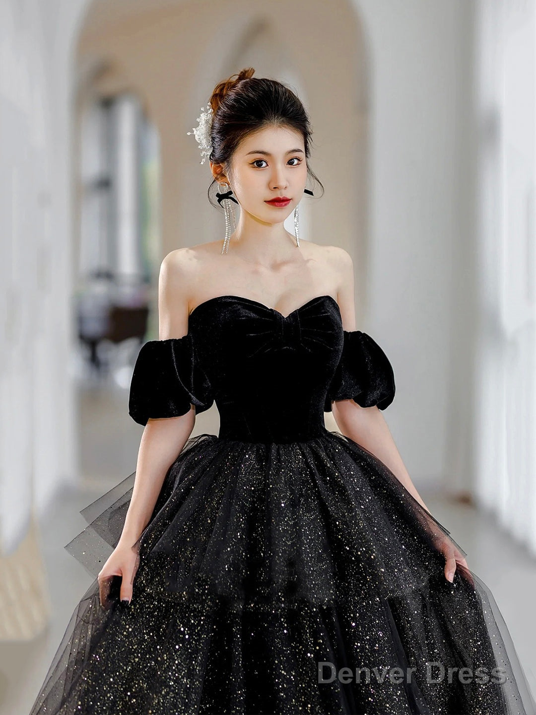 Black Velvet And Tulle Layers Long Formal Dress, Black Sweetheart Neck Evening Party Dress