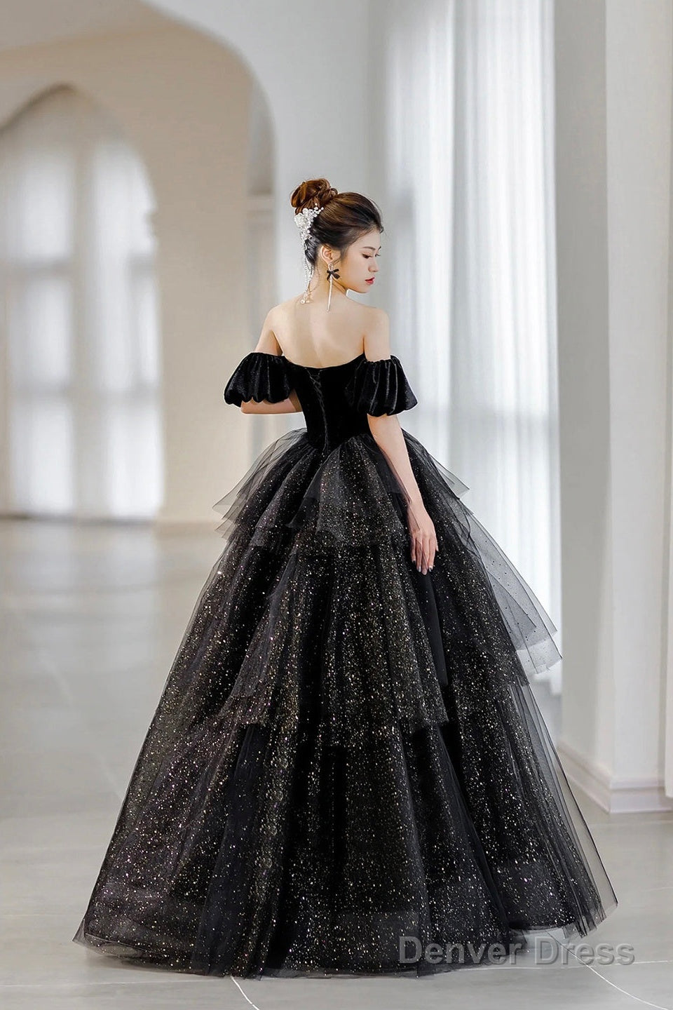 Black Velvet And Tulle Layers Long Formal Dress, Black Sweetheart Neck Evening Party Dress