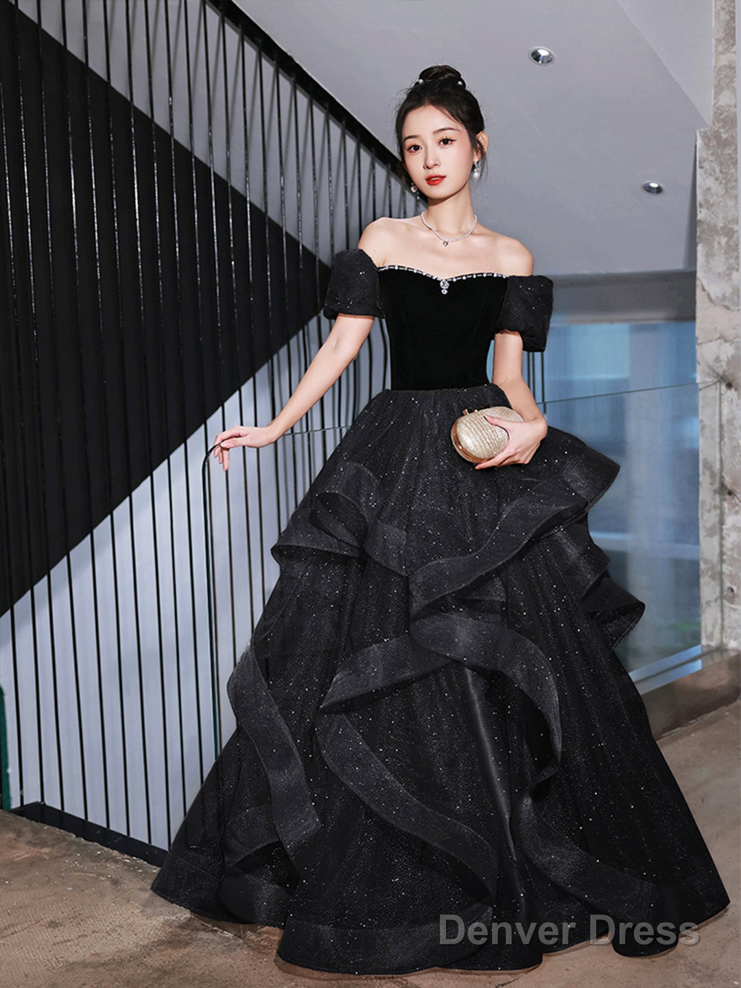 Black Velvet And Tulle Long Party Dress, Black A-Line Evening Dress Party Dress Secondary image