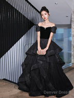 Black Velvet And Tulle Long Party Dress, Black A-Line Evening Dress Party Dress