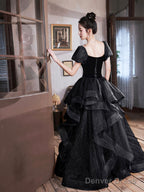 Black Velvet And Tulle Long Prom Dress, Black A Line Prom Dress
