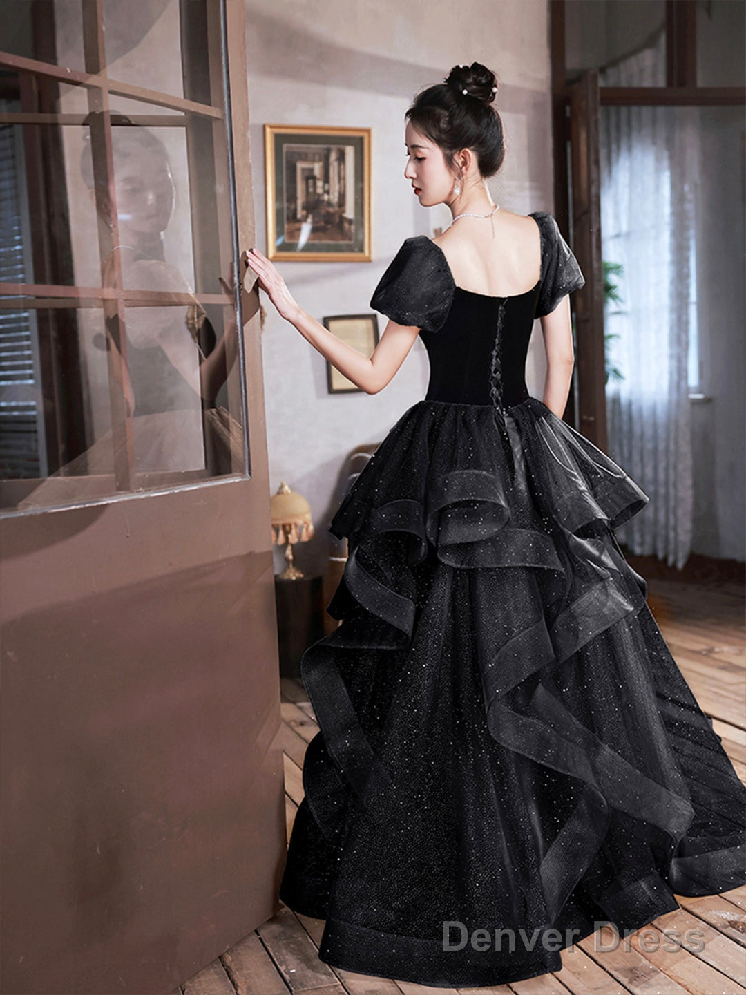 Black Velvet And Tulle Long Prom Dress, Black A Line Prom Dress
