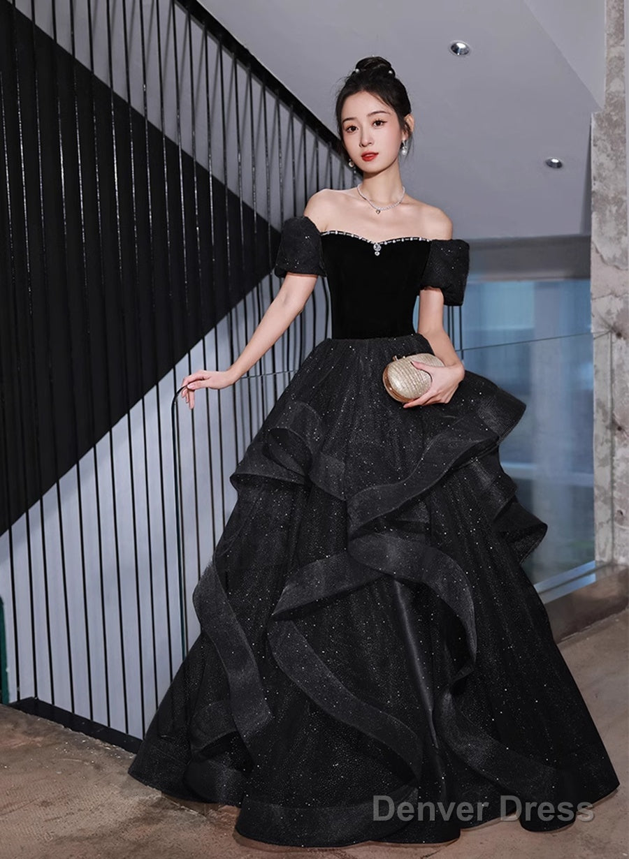 Black Velvet And Tulle Off Shoulder Long Prom Dress, Black Prom Dress