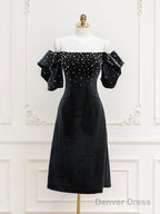 Black Velvet Beads Short Prom Dress, Black Evening Dress